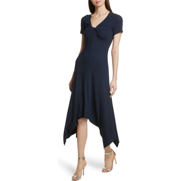 A.L.C.Revolve‎ Reva Twist-Front Short-Sleeve Rib-Knit  Asymmetrical Navy Small - Picture 2 of 11